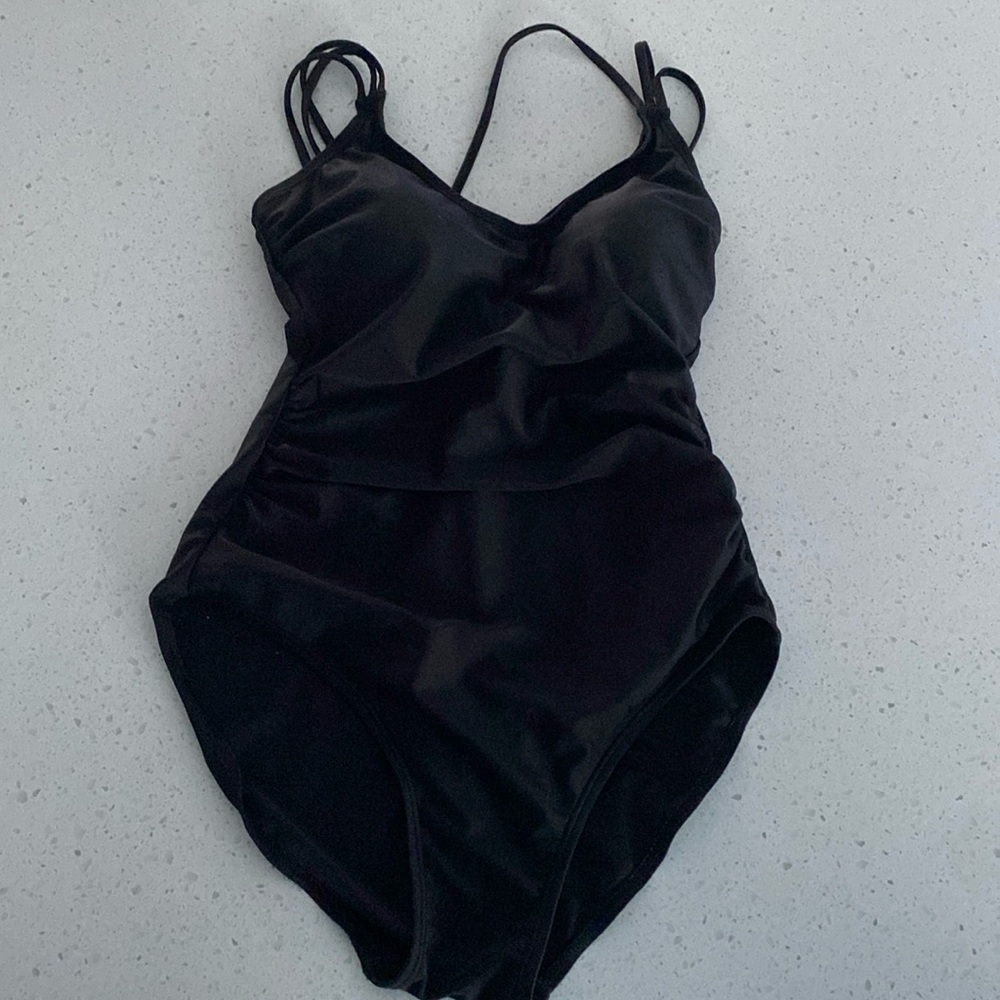 POINT ZERO black ruched swimsuit one-piece bathing suit 8